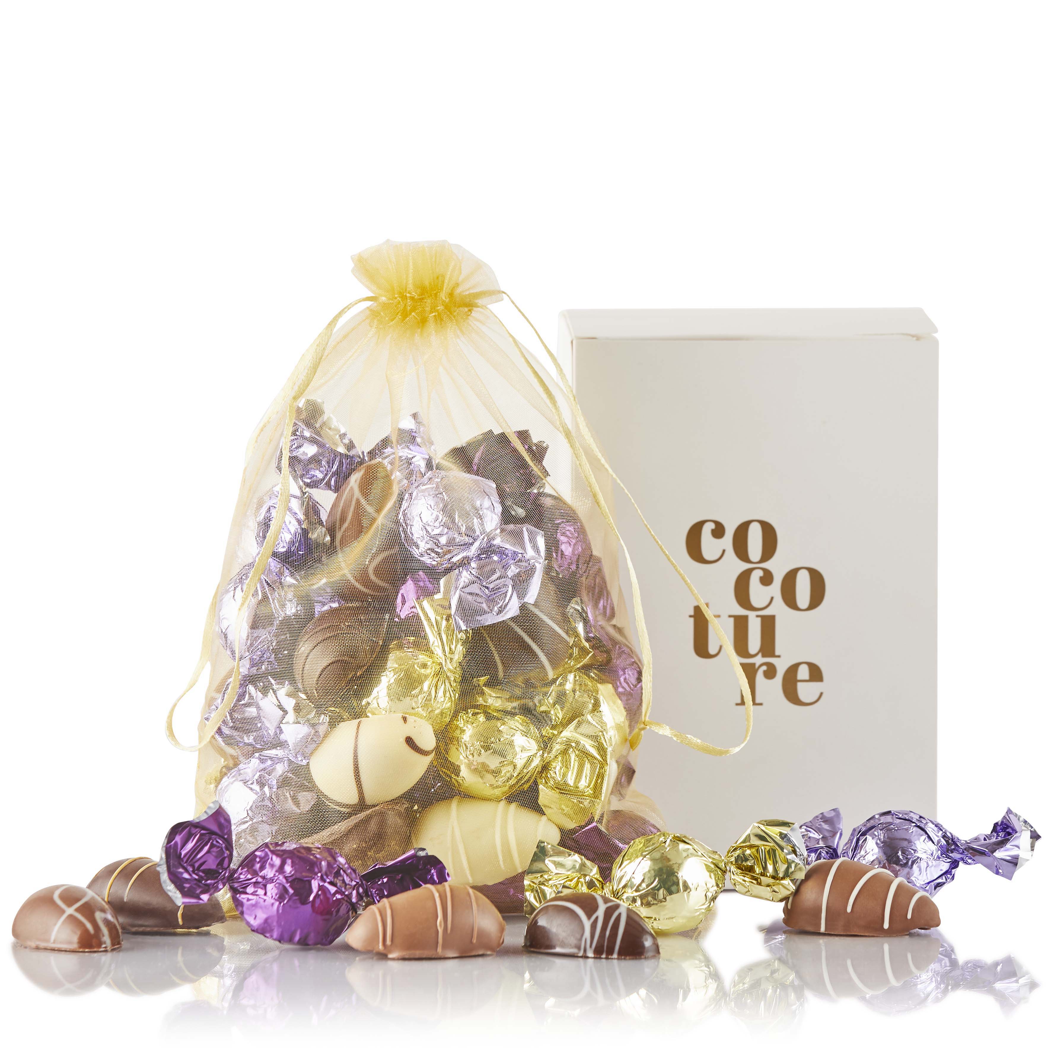 450g Cocoture fyldte chokoladekugler i guld, lilla