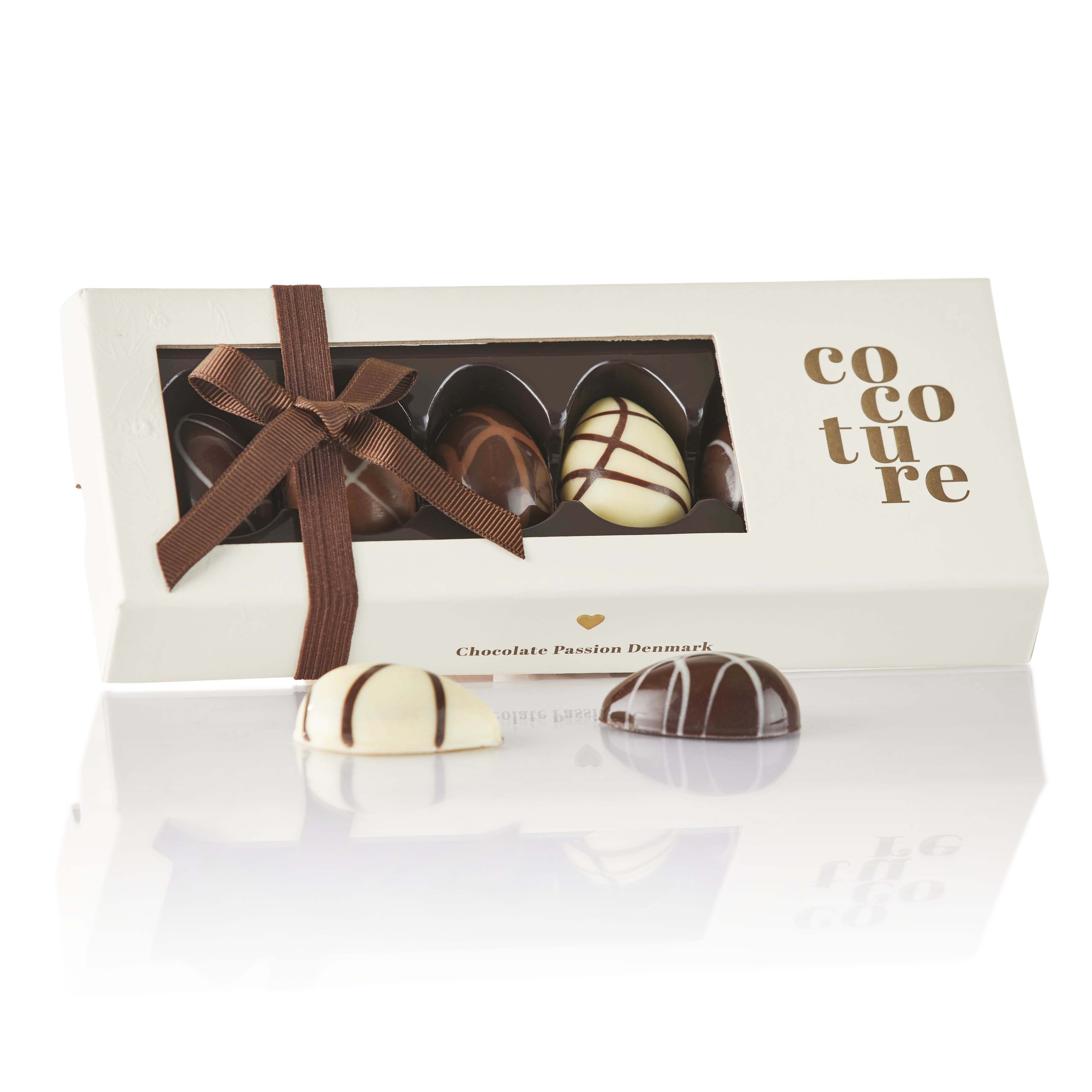 72g 6 stk. fyldte chokoladeæg i hvid Cocoture æske