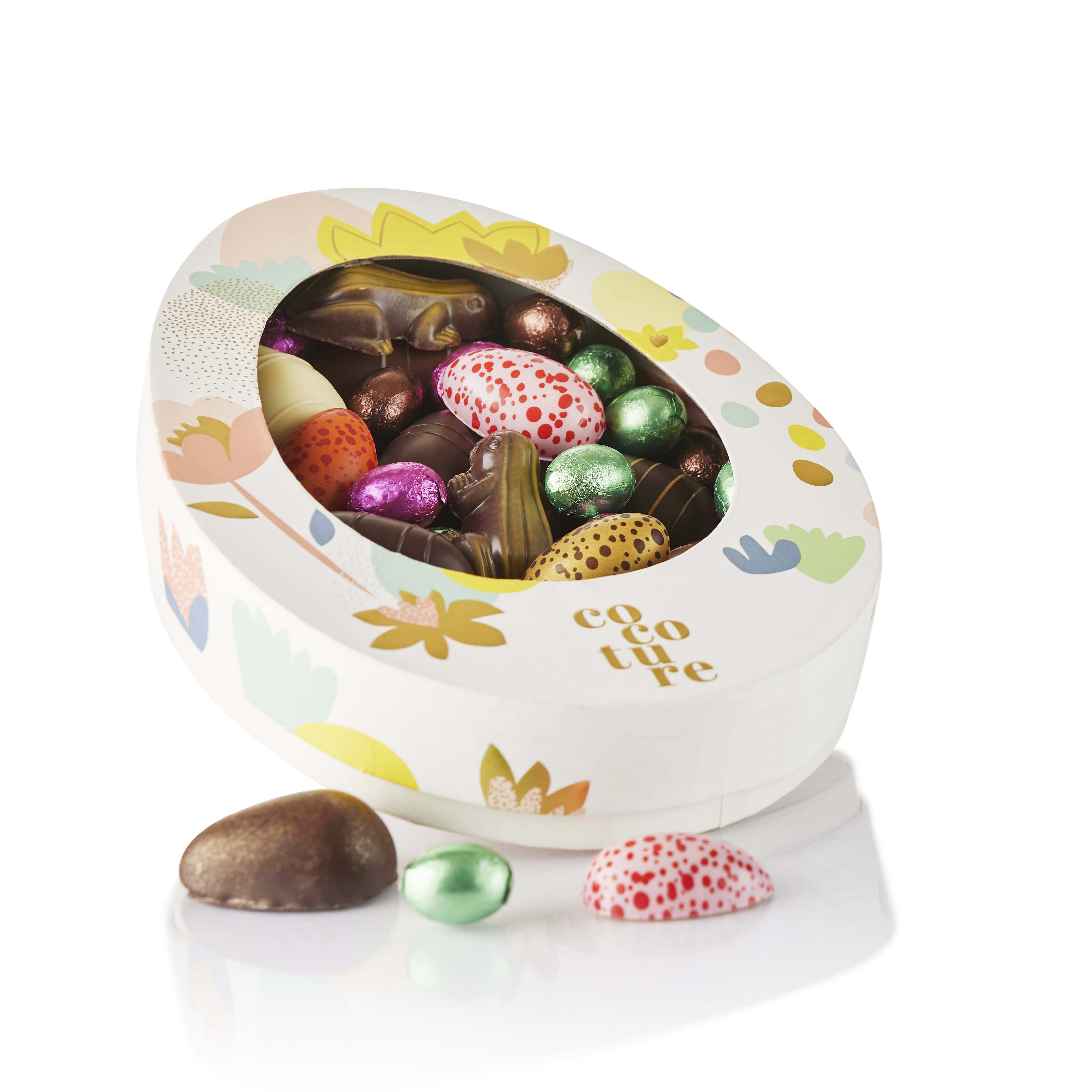 650g fyldte chokoladeæg, marcipanæg, frøer og noug